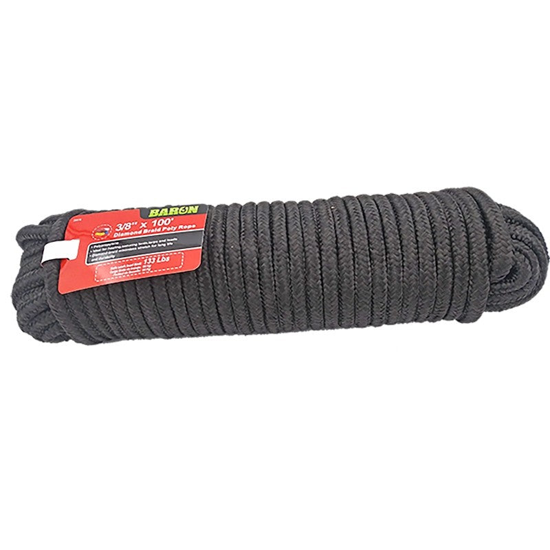 Baron 29878 Rope, Diamond Braided Rope Construction, 3/8 in Dia, 100 ft L, 133 lb Working Load, Polypropylene, Black