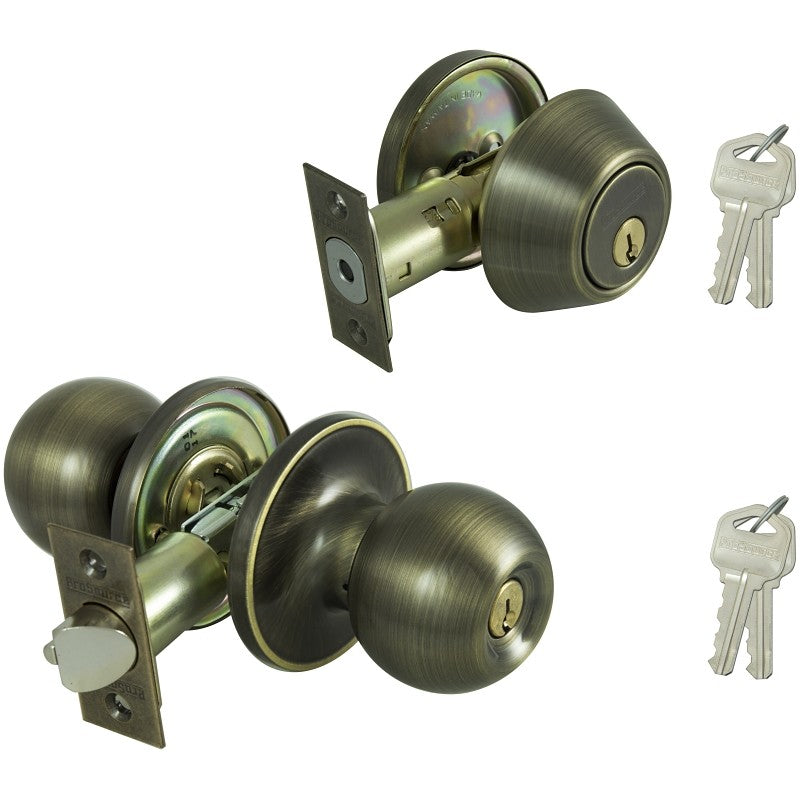 ProSource B38B1-PS Deadbolt and Entry Lockset, Turnbutton Lock, Saturn Design, Antique Brass, 3 Grade, Brass (Pack of 2)