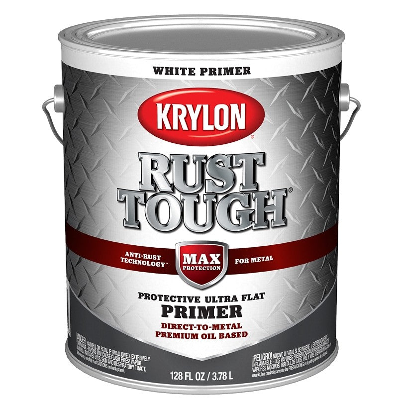 Krylon Rust Tough K09744008 Primer, Ultra Flat, White, 1 gal (Pack of 4)