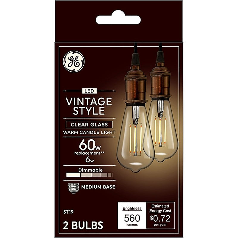 GE Industrial Solutions 36566 LED Bulb, Decorative, ST19 Lamp, E26 Lamp Base, Dimmable, Clear, Warm White Light
