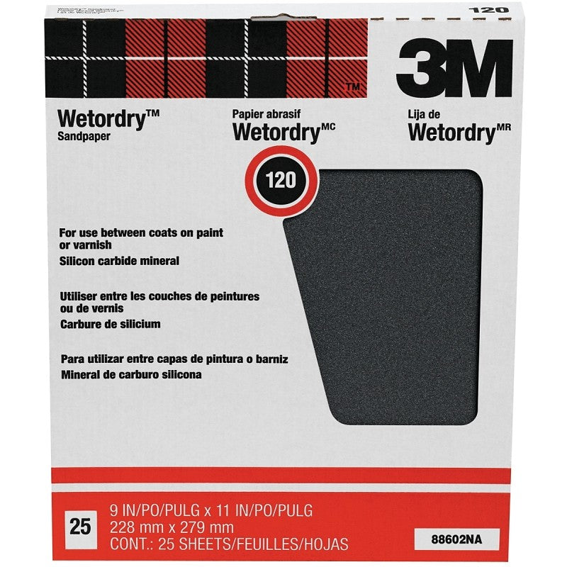 3M 88602 Sandpaper, 11 in L, 9 in W, 120 Grit, Fine, Silicone Carbide Abrasive
