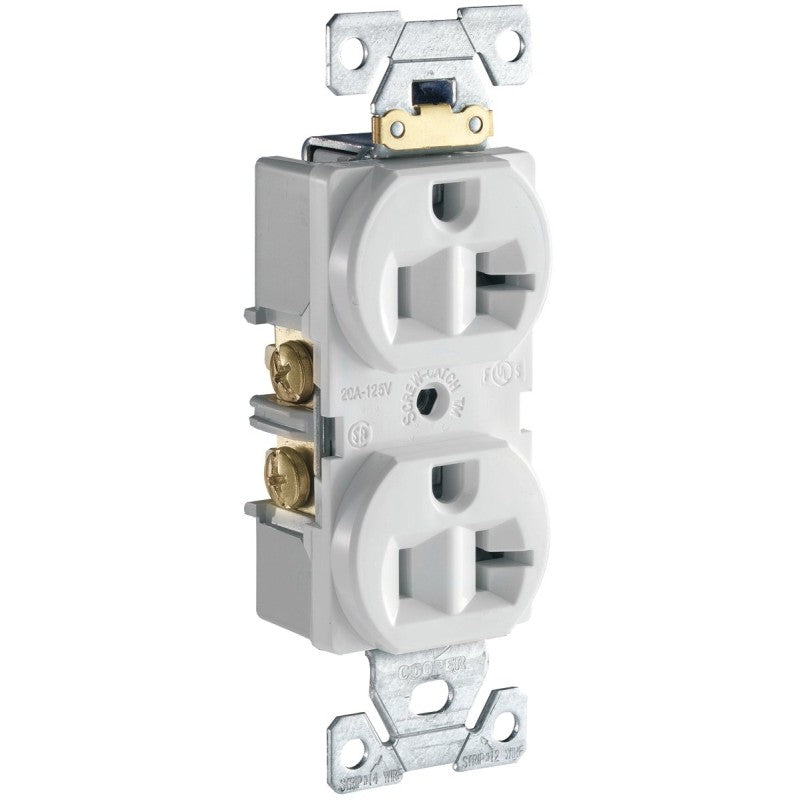 Eaton Cooper Wiring CR20W Duplex Receptacle, 2 -Pole, 20 A, 125 V, Side Wiring, NEMA: 5-20R, White