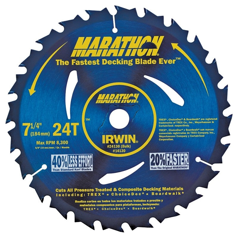 Irwin Marathon 14130 Circular Saw Blade, 7-1/4 in Dia, Carbide Cutting Edge, 5/8 in Arbor, 24-Teeth
