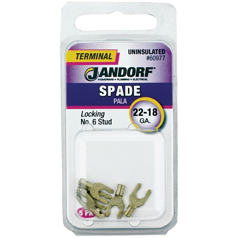 Jandorf 60977 Spade Terminal, 600 V, 22 to 18 AWG Wire, #6 Stud, Copper Contact, Tin, 5/PK