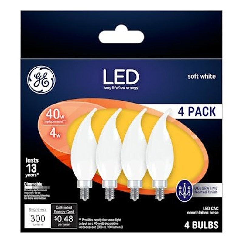 GE Industrial Solutions 37418 LED Bulb, Decorative, CAC Lamp, 40 W Equivalent, E12 Lamp Base, Dimmable, Frosted