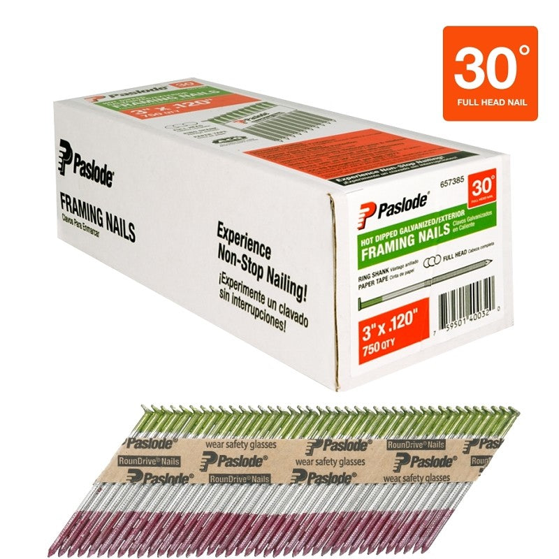 Paslode 657385 Series Framing Nail, Paper Tape Collation, 3 in L, Steel, Hot-Dipped Galvanized, Round Head, Ring Shank
