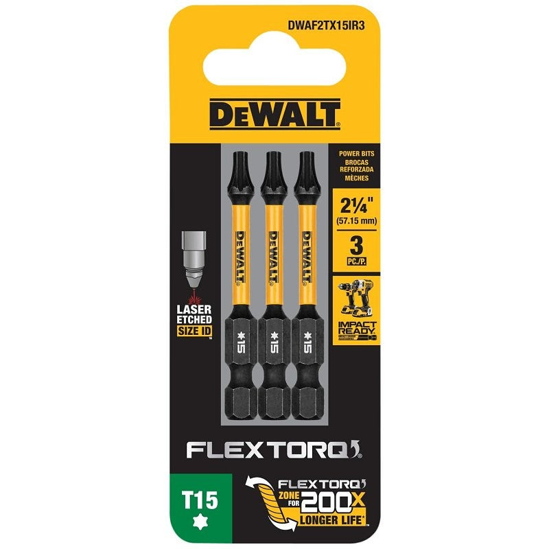 DEWALT FlexTorq DWAF2TX15IR3 Impact Screwdriver Bit, T15 Drive, Torx Drive, 1/4 in Shank, Hex Shank, 2-1/4 in L, Steel