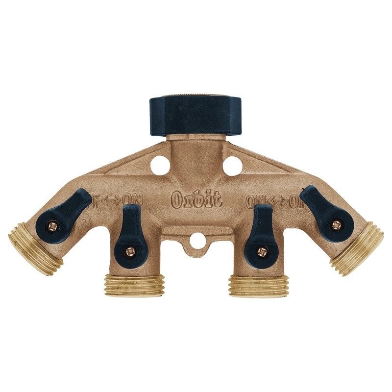 Orbit 62010N Hose Faucet Manifold, 3/4 in Swivel x MHT, 4-Port/Way, Brass