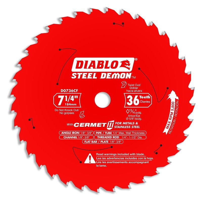 Diablo Steel Demon D0736CF Saw Blade, 7-1/4 in Dia, 5/8 in Arbor, 36-Teeth, Cermet II Cutting Edge
