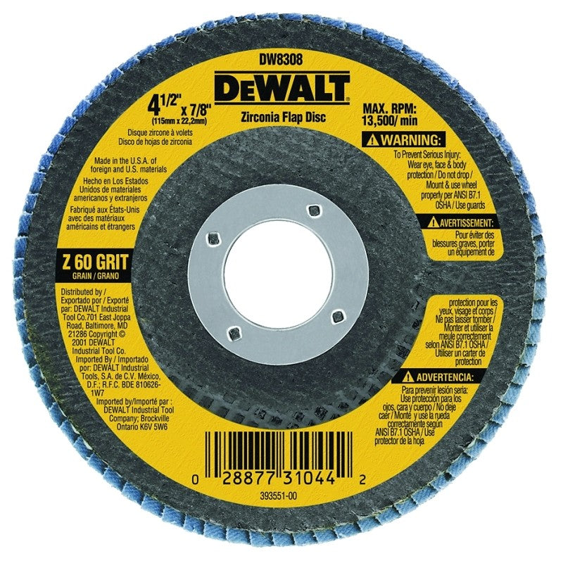 DEWALT DW8308 Flap Disc, 4-1/2 in Dia, 7/8 in Arbor, Coated, 60 Grit, Medium, Zirconia Abrasive, 1/PK