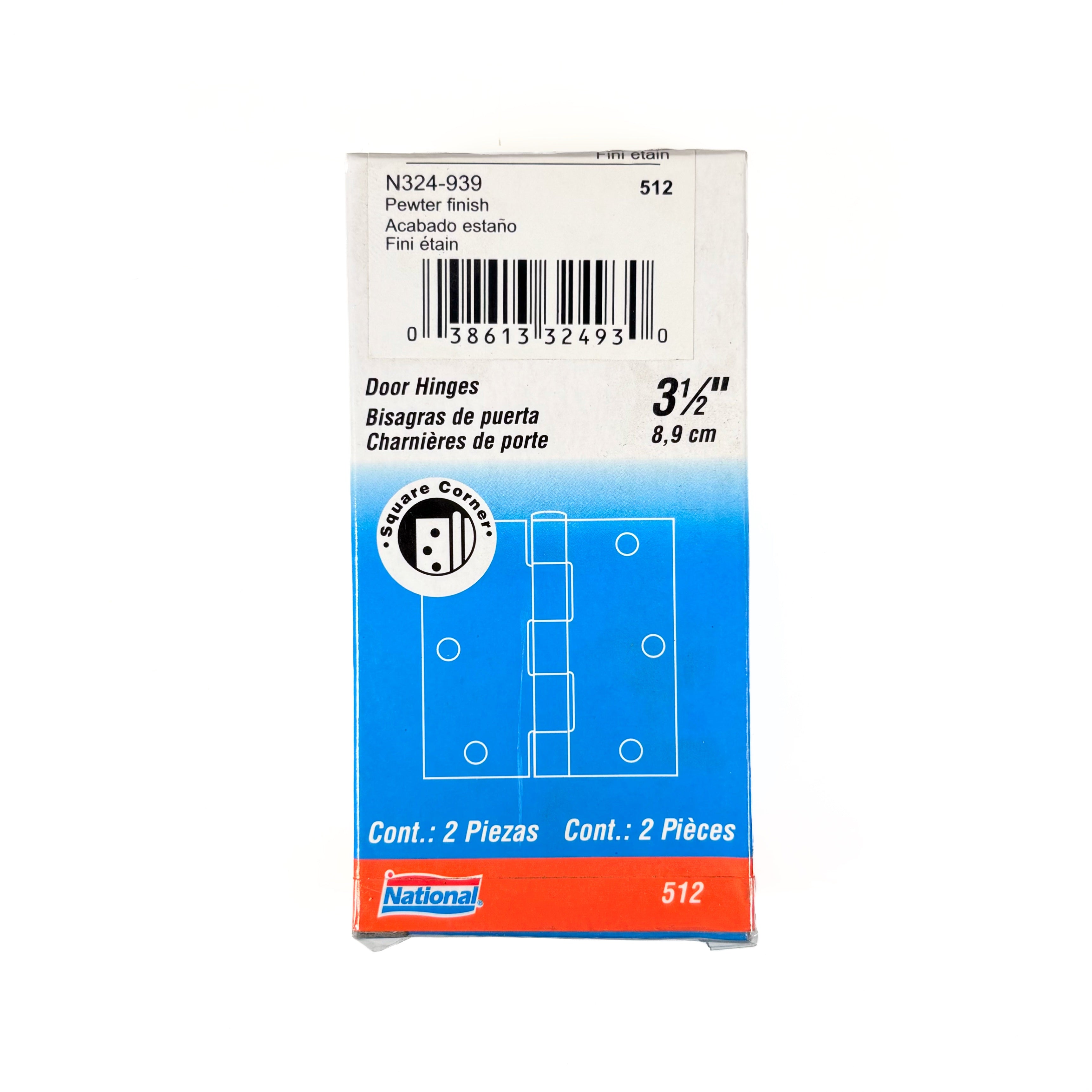 Door Hinges 3-1/2 Inch Square Corner Pewter 2 Pack (POS)