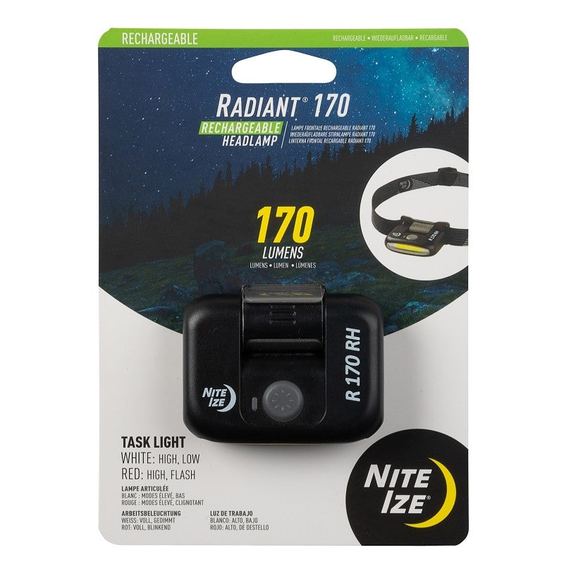 Nite Ize Radiant R170RH-01-R7 Rechargeable Headlamp, Lithium-Ion Battery, LED Lamp, 170 Lumens, 2 hr Run Time, Black