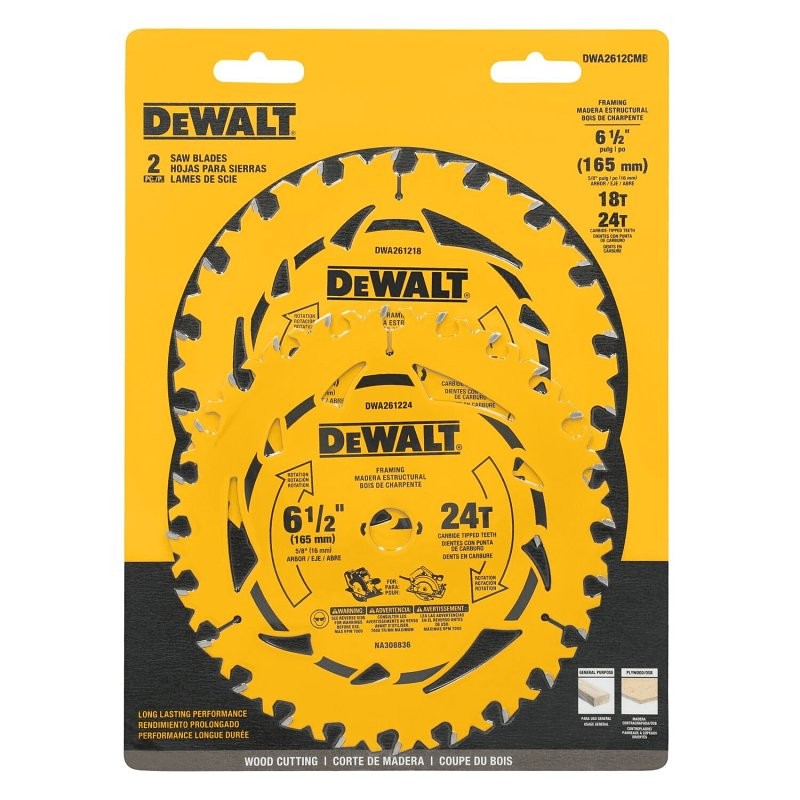 DEWALT DWA1612CMB Circular Saw Blade, 6-1/2 in Dia, 5/8 in Arbor, 24-Teeth, Tungsten Carbide Cutting Edge