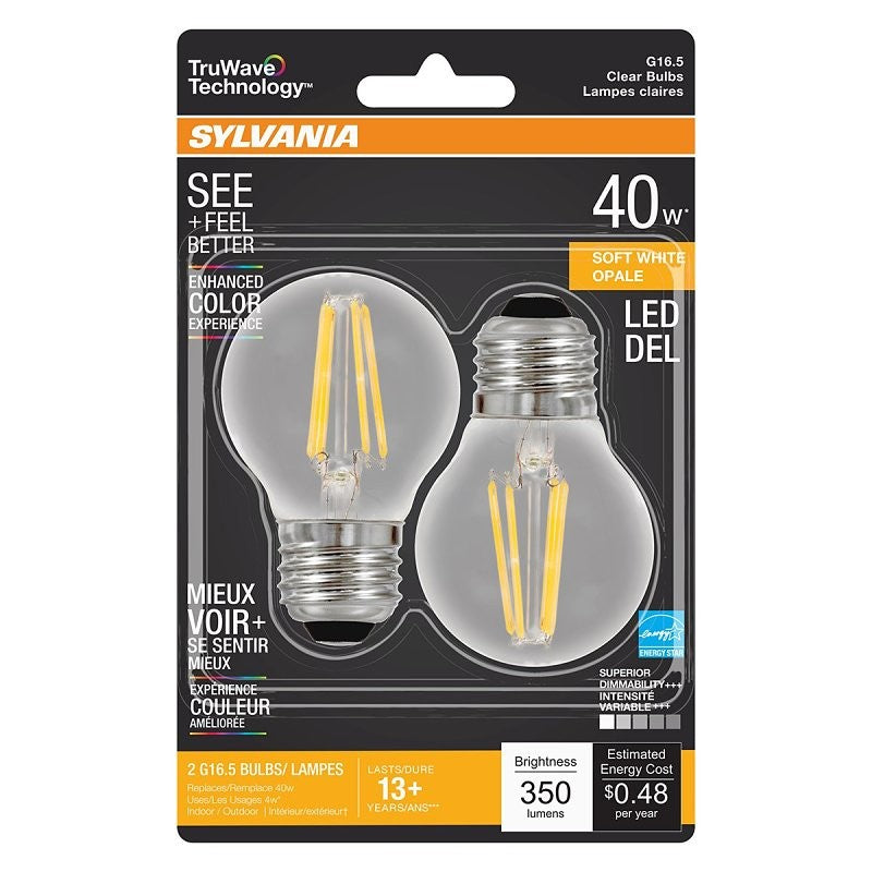 Sylvania 40847 Natural LED Bulb, Globe, G16.5 Lamp, 40 W Equivalent, E26 Lamp Base, Dimmable, Clear, Soft White Light