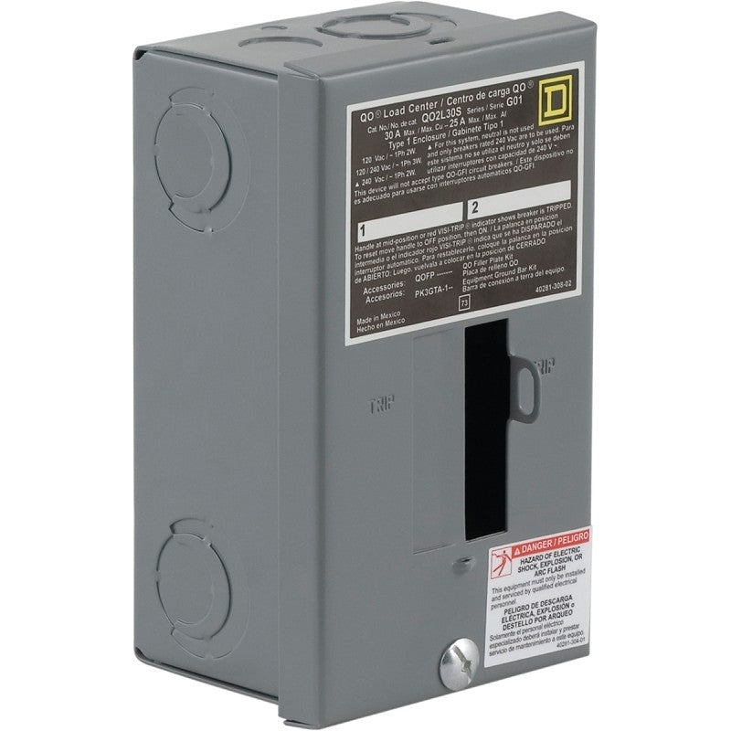 Square D QO QO2L30SCP Load Center, 30 A, 2 -Space, 2 -Circuit, Main Lug, NEMA 1 Enclosure, Plug Mounting, Gray