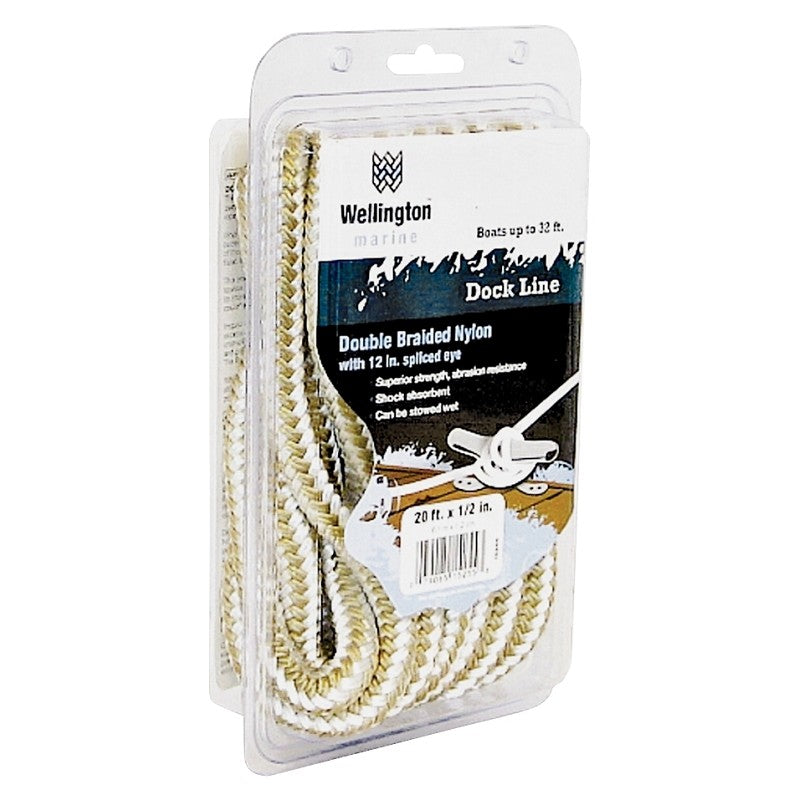 Wellington 15255 Dock Line, 1/2 in Dia, 20 ft L, 320 lb Working Load, Nylon, Gold/White