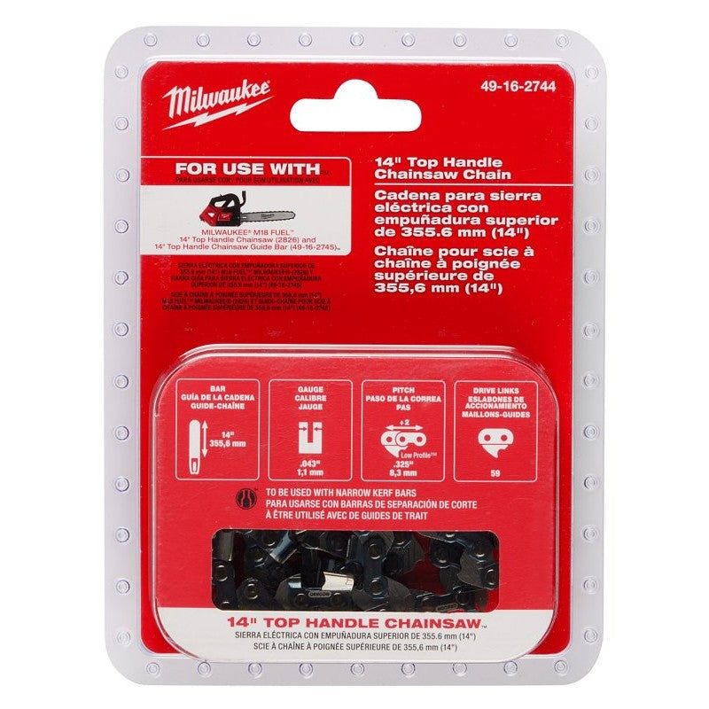 Milwaukee 49-16-2744 Chainsaw Chain, Low Kickback Chain, 14 in L Bar, 0.043 in Gauge, 0.325 in TPI/Pitch, 59 -Link
