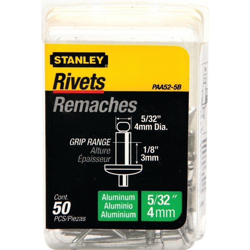 STANLEY PAA52-5B Pop Rivet, Reusable, 1/8 in Grip, 5/32, Aluminum, 50/PK