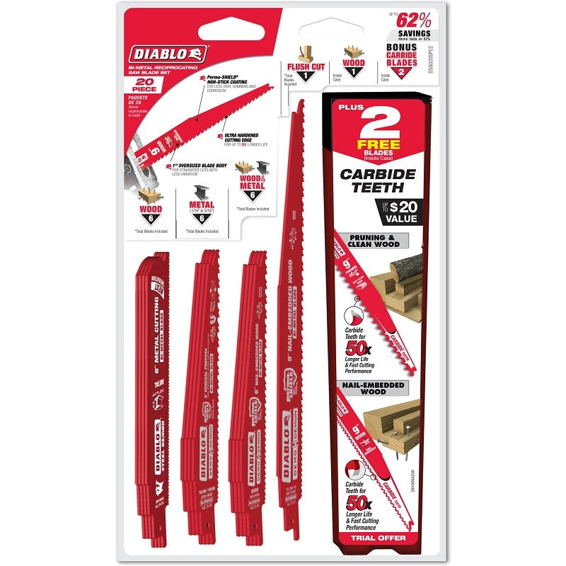 Diablo DS0020SPC2 Reciprocating Saw Blade Set, 20-Piece, Bi-Metal, Red