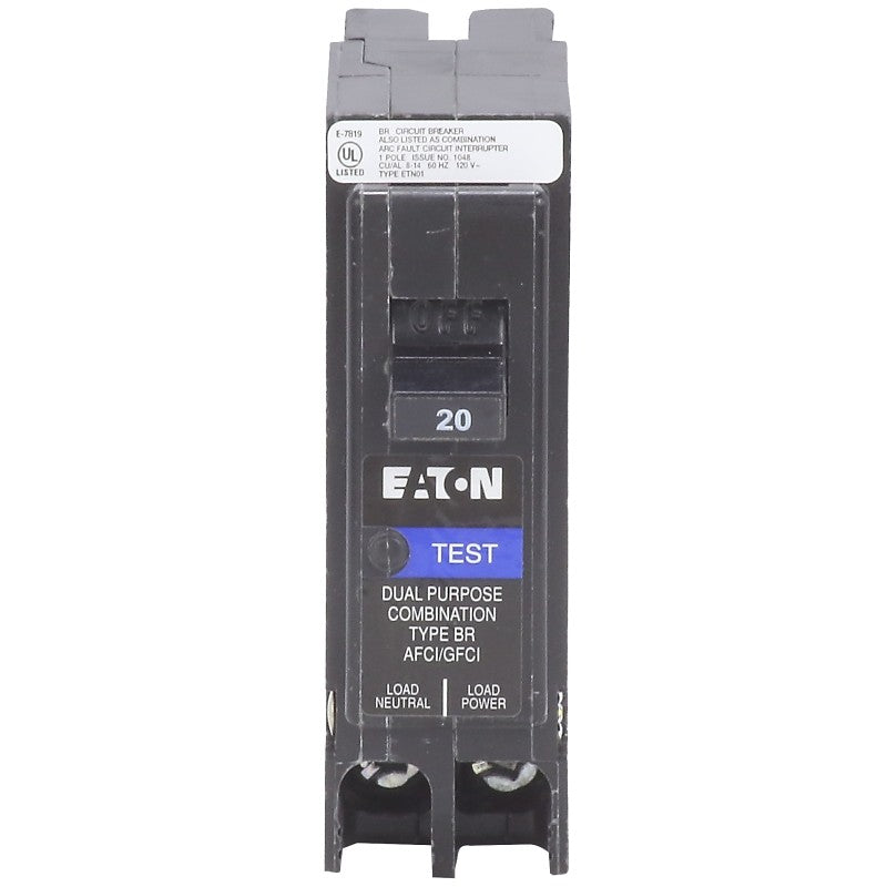 Eaton BRP120DF Circuit Breaker, AFCI, BR, GFCI, 20 A, 1-Pole, 120 VAC, Plug