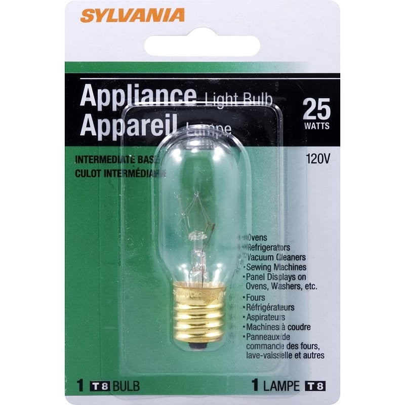Sylvania 18365 Incandescent Lamp, 25 W, T8 Lamp, Intermediate E17 Lamp Base, 230 Lumens, 2850 K Color Temp