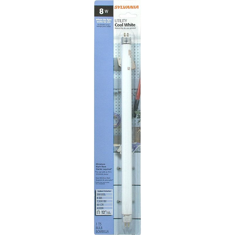 Sylvania 20834 Fluorescent Bulb, 8 W, T5 Lamp, Miniature G5 Lamp Base, 390 Lumens, 4000 K Color Temp, Cool White Light (Pack of 6)
