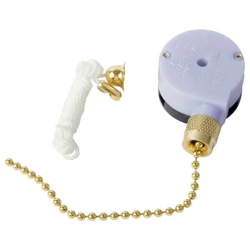 Gardner Bender GSW-33 Pull Chain Switch, 1-Pole, 125 VAC, 6 A, Brass