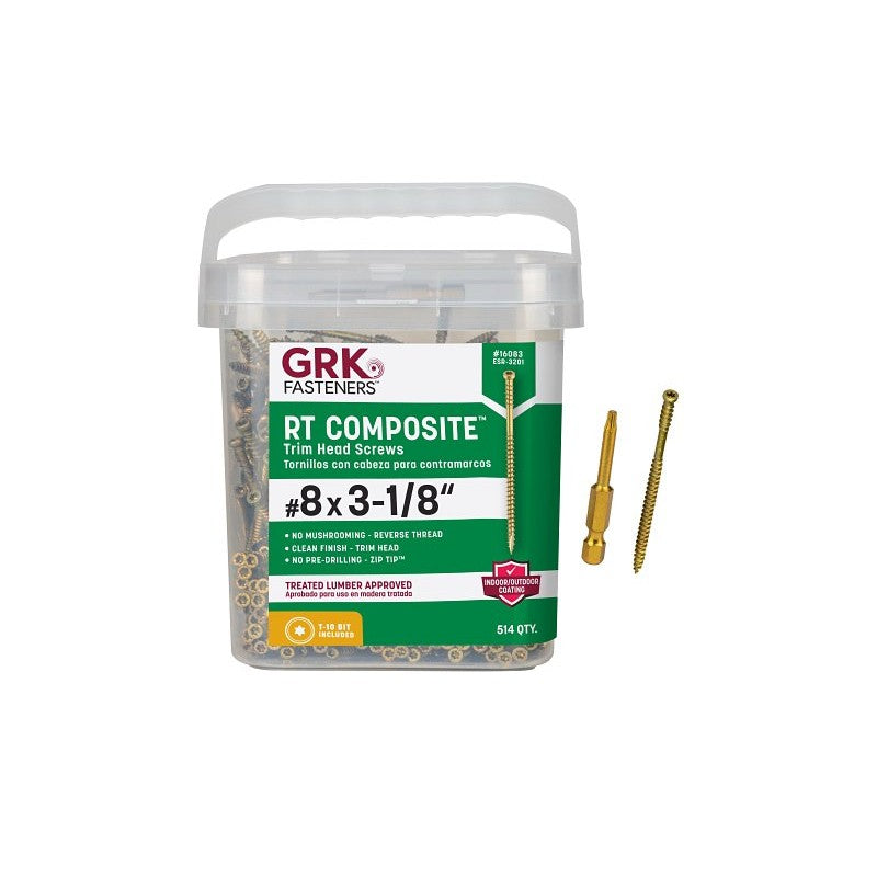 GRK Fasteners RT Series 16083 Screw, #8 Thread, 3-1/8 in L, Reverse Thread, Trim Head, Star Drive, Steel, 514 PAIL