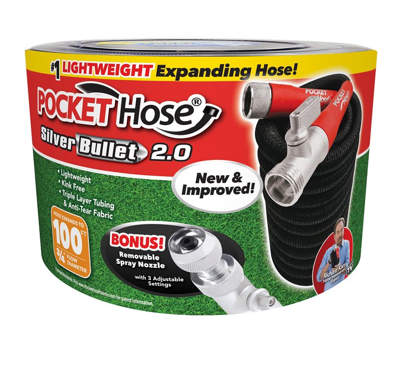 POCKET hose Silver Bullet 134906 Expanding Garden Hose, 3/4 in, 100 ft L, Plastic, Black