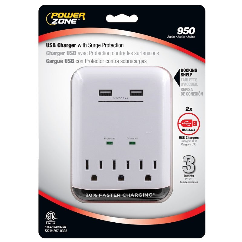 PowerZone ORUSB343S USB Charger, 125 V, 15 A, 3-Outlet, 950 Joules Energy, White