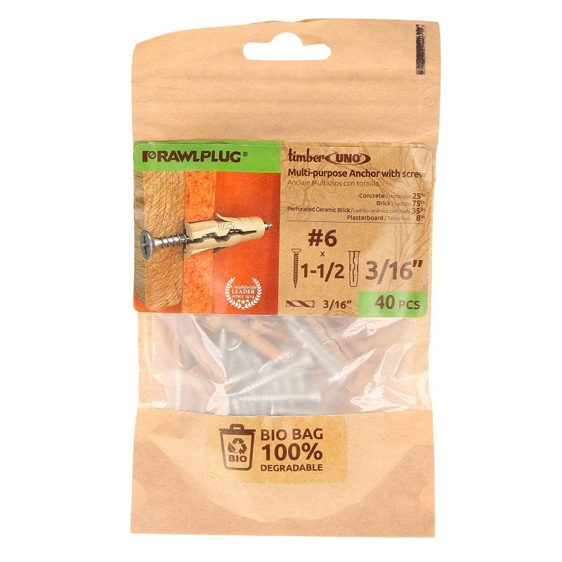 Rawlplug UNO Series R-BIO-UNOT3/16+6- Drywall Anchor, 24 mm L, Polypropylene/Recycled Timber, 15 to 120 lb