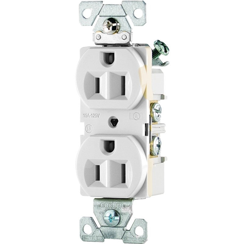 Eaton Cooper Wiring CR15W Duplex Receptacle, 2 -Pole, 15 A, 125 V, Side Wiring, NEMA: 5-15R, White