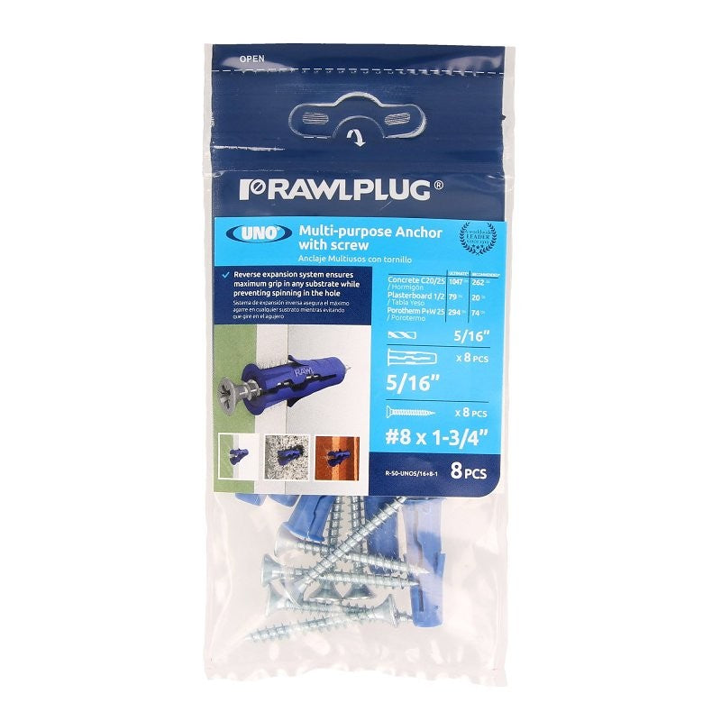 Rawlplug Rawl Uno Series R-S0-UNO5/16+8-1 Multi-Purpose Anchor, 16 mm Thread, 1-1/2 in L, Polypropylene (Pack of 8)