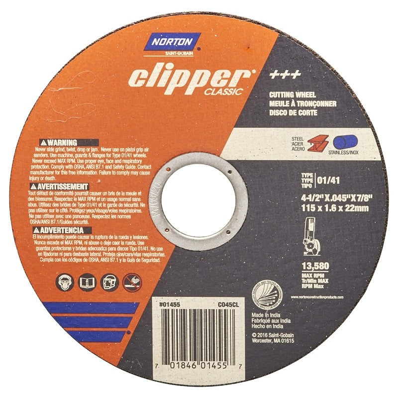 Norton Clipper Classic A AO Series 70184601455 Cut-Off Wheel, 4-1/2 in Dia, 0.045 in Thick, 7/8 in Arbor