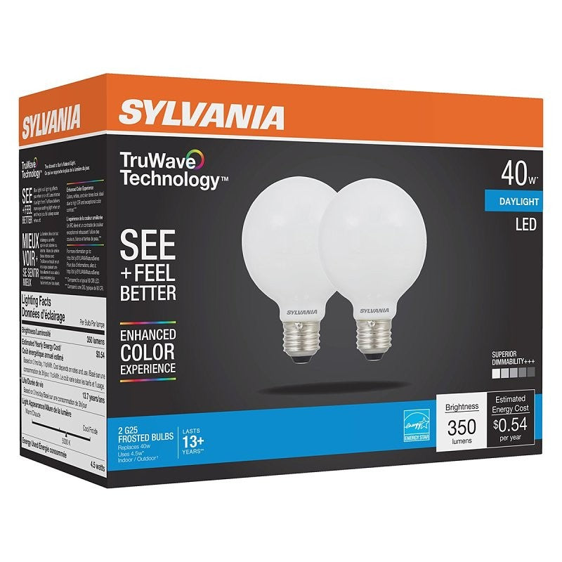 Sylvania 40766 LED Bulb, Globe, 350 Lumens, 4.5 W, G25 Lamp, 40 W Equivalent, E26 Lamp Base, Dimmable, Frosted, Daylight