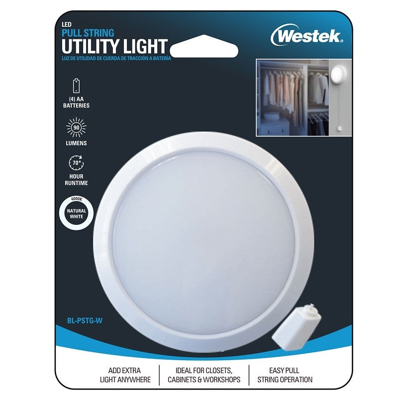 Westek BL-PSTG-W Pull String Utility Light, AA Battery, 1-Lamp, LED Lamp, 90 Lumens, 4000 K Color Temp, White