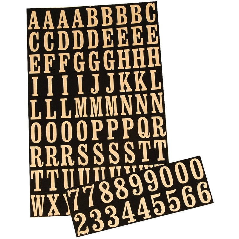 Hy-Ko MM-2 Packaged Number and Letter Set, 7/8 in H Character, Gold Character, Black Background, Mylar (Pack of 10)