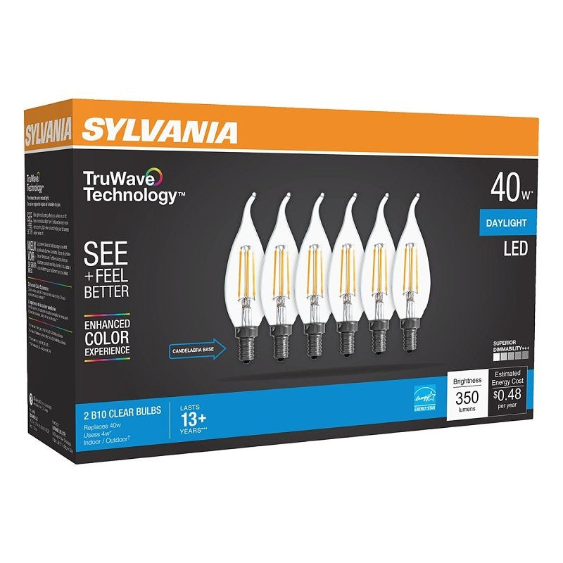 Sylvania Natural Series 41320 LED Bulb, 120 V, 4 W, B10 Lamp, 40 W Equivalent, E12 Candelabra Lamp Base, Dimmable