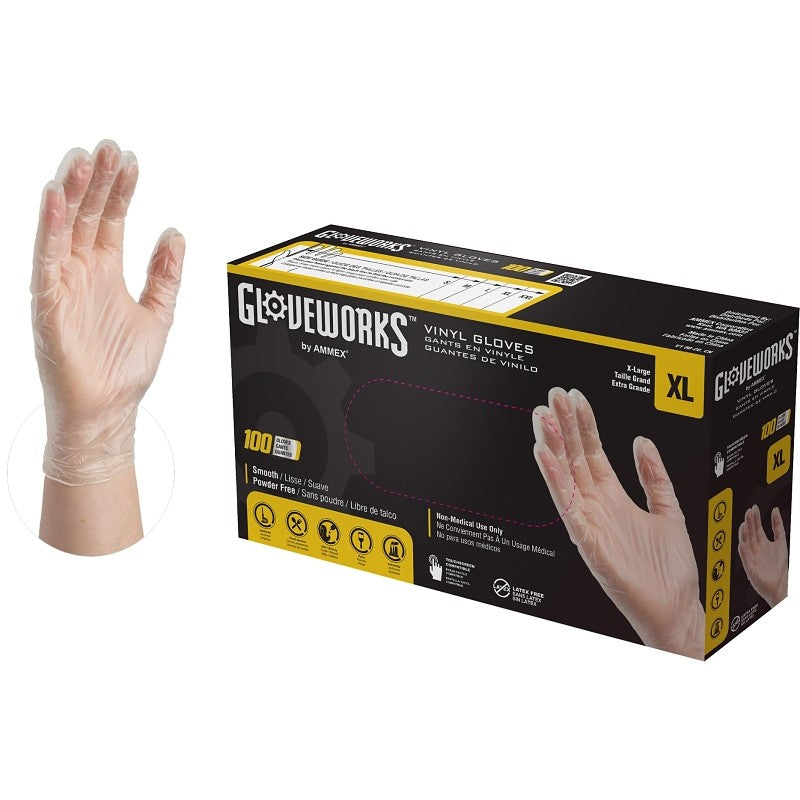 Gloveworks IVPF48100 Disposable Gloves, XL, 235 mm L, Vinyl, Clear, Powder-Free