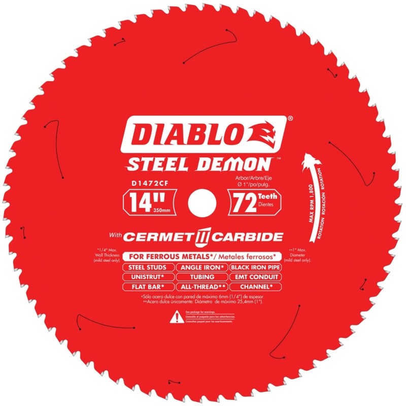 Diablo D1472CF Circular Saw Blade, 14 in Dia, 1 in Arbor, 72-Teeth, Cermet Cutting Edge