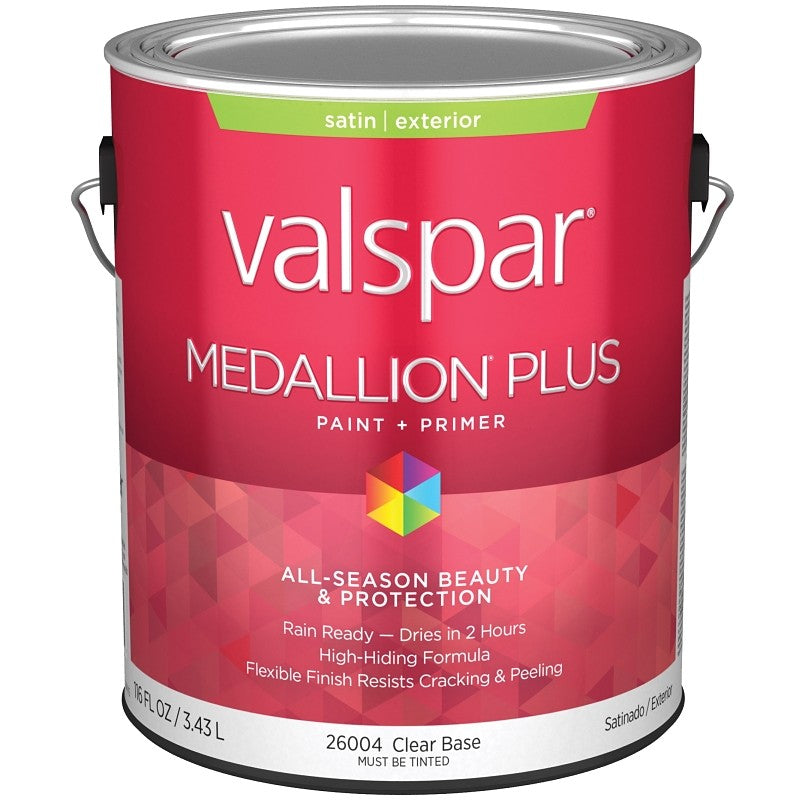 Valspar Medallion Plus 2600 028.0026004.007 Latex Paint, Acrylic Base, Satin Sheen, Clear Base, 1 gal, Plastic Can (Pack of 4)