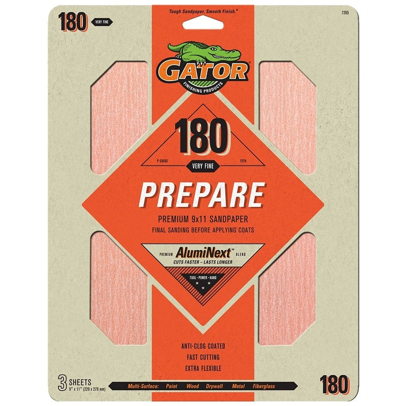 Gator 7265 Sanding Sheet, 11 in L, 9 in W, Extra Fine, 180 Grit, Aluminum Oxide Abrasive