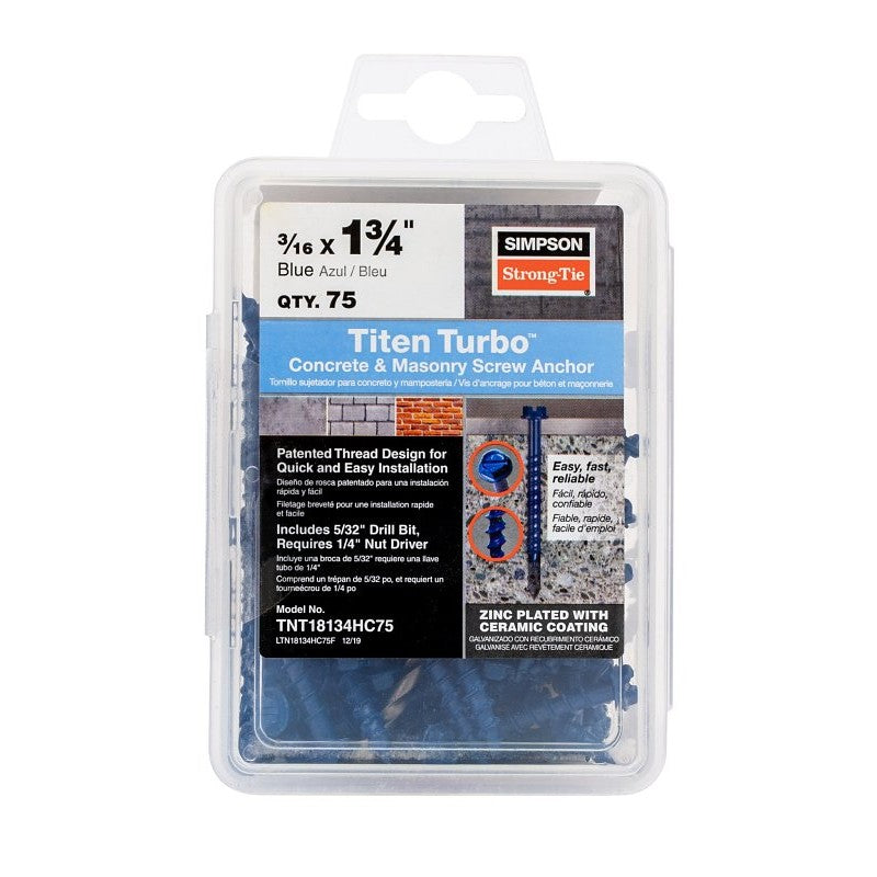 Simpson Strong-Tie Titen Turbo TNT18134HC75 Screw Anchor, Carbon Steel, Ceramic-Coated/Zinc, 3/16 in Dia, 1-3/4 in L