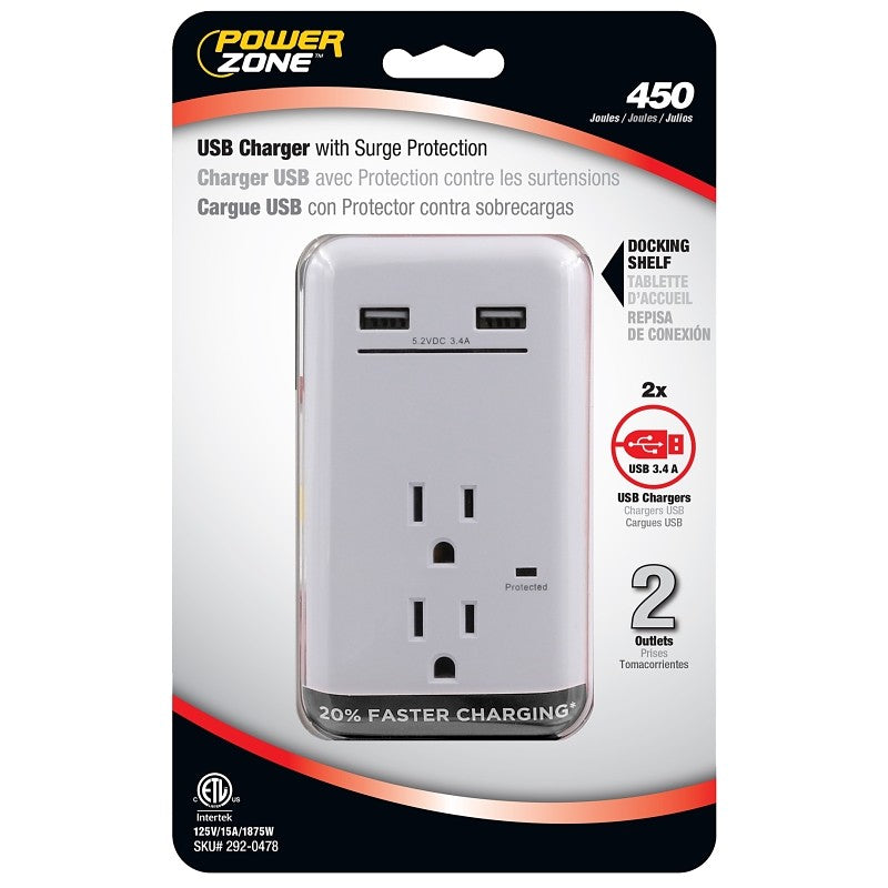 PowerZone ORUSB342S USB Charger, 2-Pole, 125 V, 15 A, 2-Outlet, 450 Joules Energy