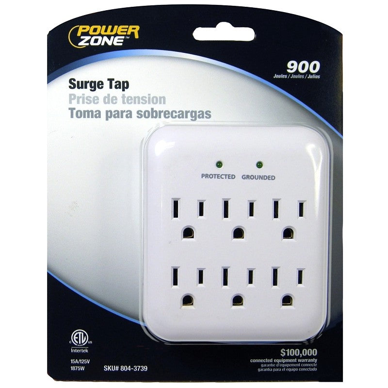 PowerZone OR802115 Surge Protector Tap, 125 V, 15 A, 6-Outlet, 900 Joules Energy, White