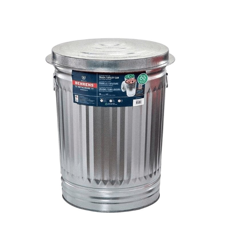 Behrens 1270 Trash Can, 31 gal Capacity, Steel, Silver