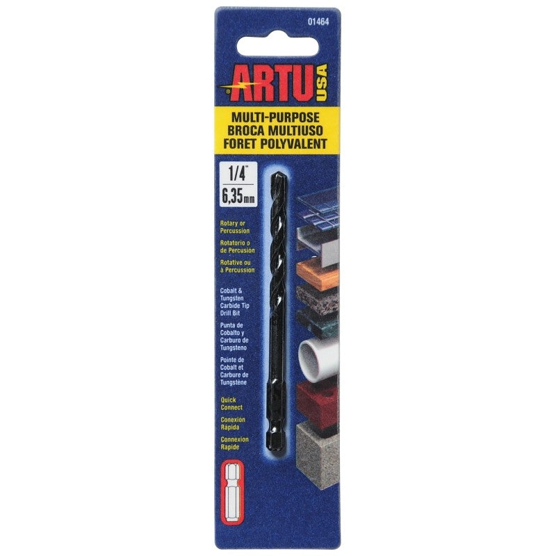 ARTU 01464 Drill Bit, 1/4 in Dia, 4-1/8 in OAL, Multi-Purpose, Parabolic Flute, Quick-Connect Shank