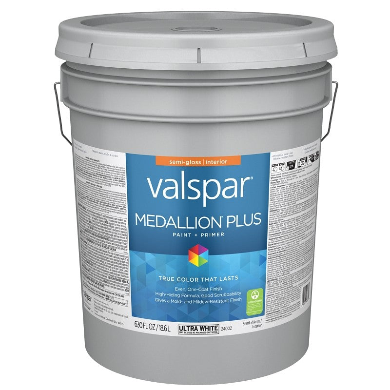Valspar Medallion Plus 2700 028.0024002.008 Latex Paint, Acrylic Base, Semi-Gloss Sheen, Ultra White Base, 5 gal