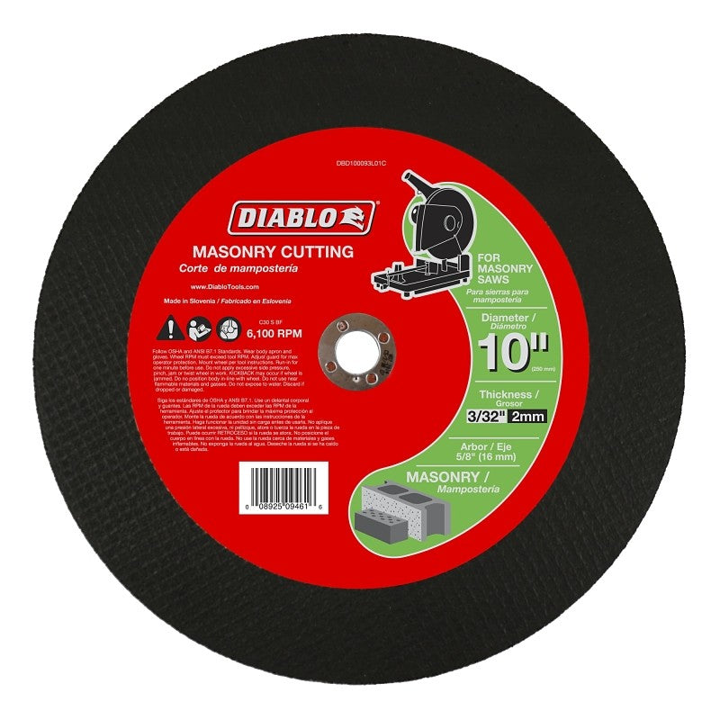 Diablo DBD100093L01C Cut-Off Disc, 10 in Dia, 3/32 in Thick, Aluminum Oxide Abrasive, 5/8 in Arbor