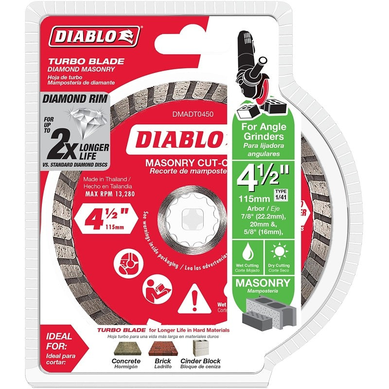 Diablo DMADT0450 Cut-Off Disc, 4-1/2 in Dia, 7/8 in, 5/8 in, 20 mm Arbor, Diamond Cutting Edge, Turbo Rim